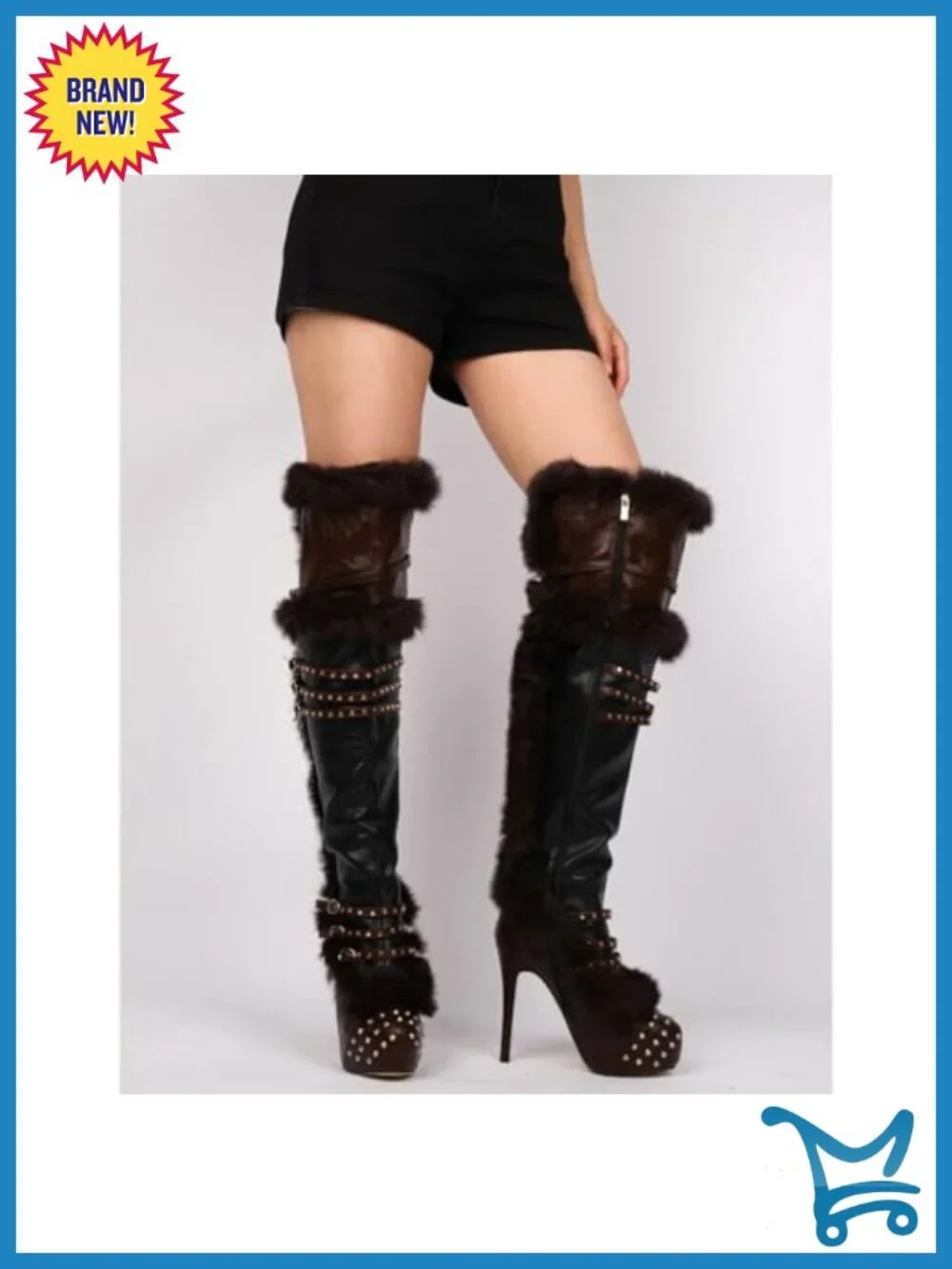 Platform Thigh High Boots Studded Faux Fur Heels Stilettos